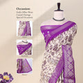Front view of cream and purple Dola saree with floral print zari woven border and decorative pallu displayed on mannequin.