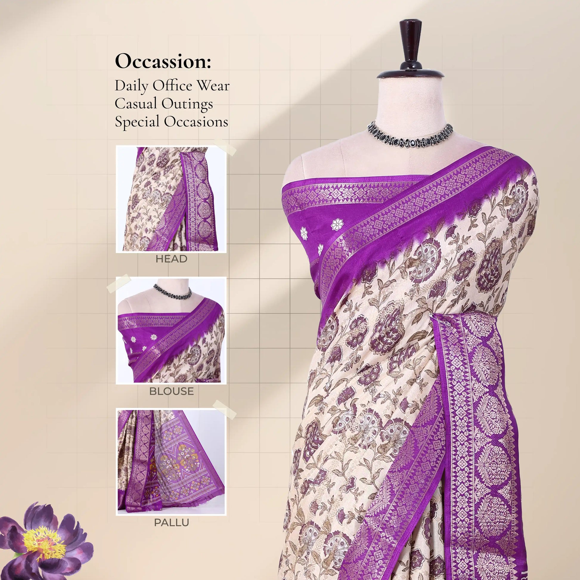 Front view of cream and purple Dola saree with floral print zari woven border and decorative pallu displayed on mannequin.