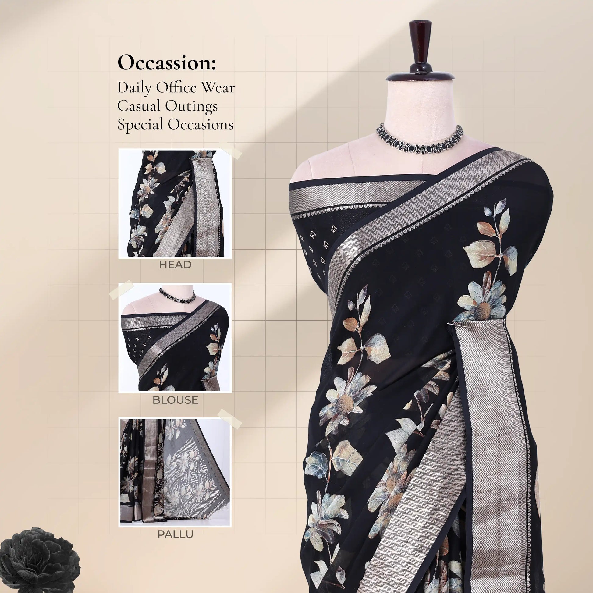 Black Dola silk saree with floral print and silver woven border front view on mannequin with detailed pallu.