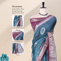 Teal blue Dola silk saree with circular motifs and maroon woven border front view on mannequin with ornate pallu.