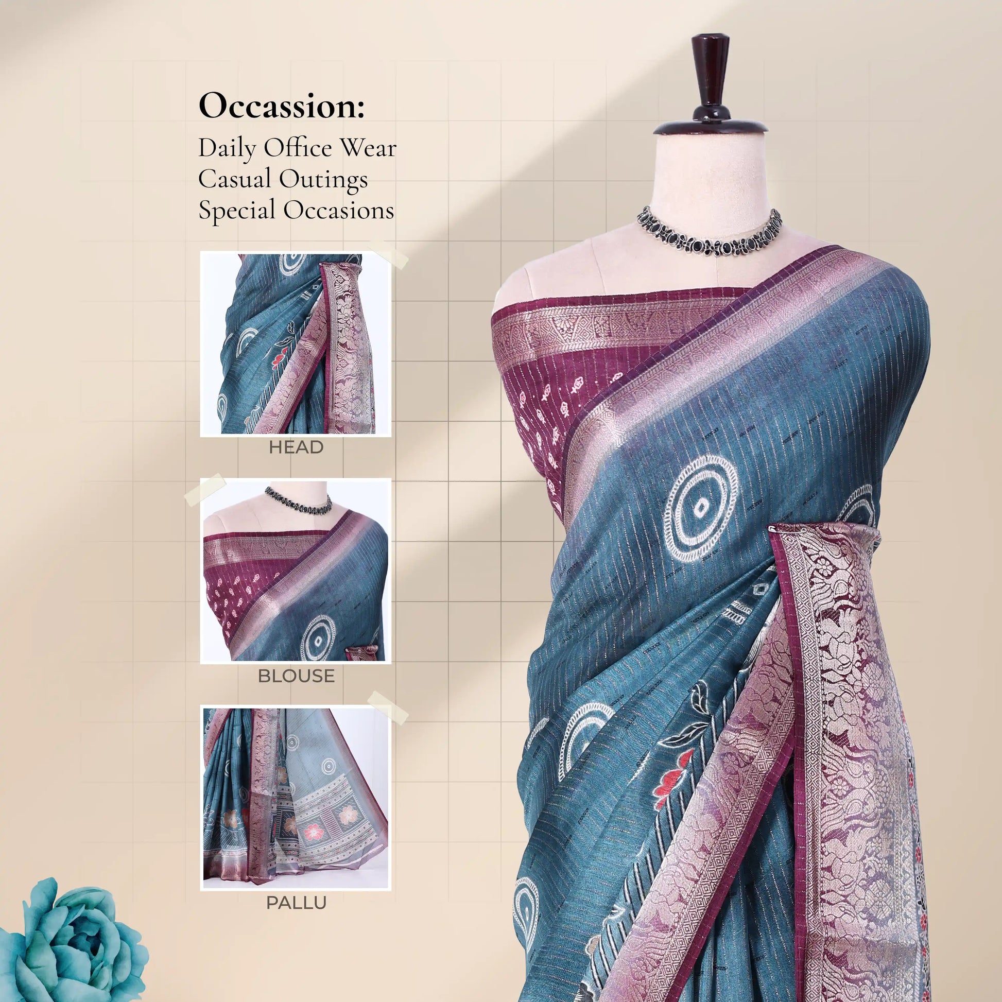 Teal blue Dola silk saree with circular motifs and maroon woven border front view on mannequin with ornate pallu.