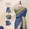 Blue Dola silk saree with bandhani print and contrast zari woven border front view on mannequin with detailed pallu.