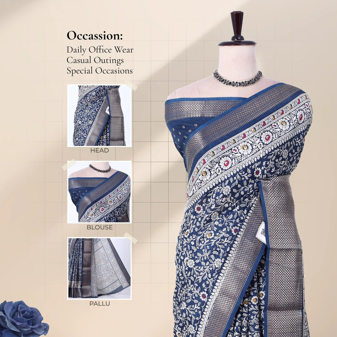 Blue Dola Silk Sarees for Women | Office Wear Casual Outings & Special Occasions | Jeyachandran - Full View