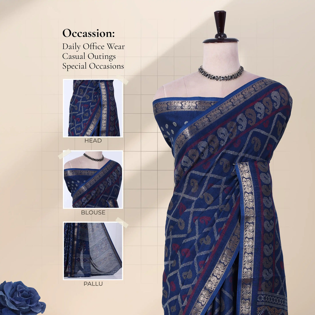 Blue Dola Silk Sarees for Women | Office Wear Casual Outings & Special Occasions | Jeyachandran - Full View