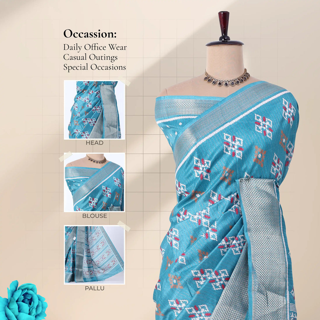 Blue Dola Silk Sarees for Women | Office Wear Casual Outings & Special Occasions | Jeyachandran - Full View