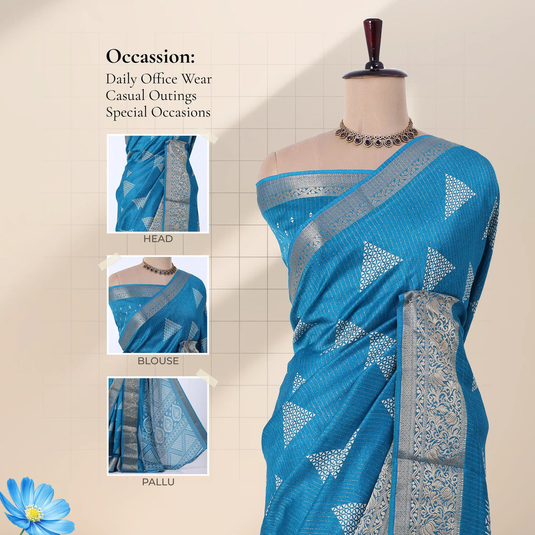 Blue Dola Silk Sarees for Women | Office Wear Casual Outings & Special Occasions | Jeyachandran - Full View