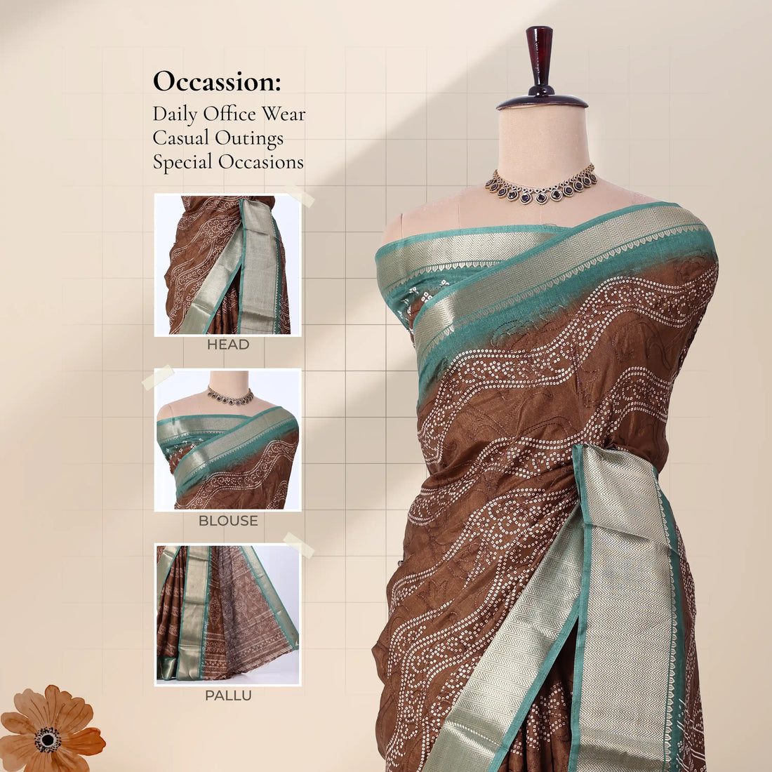 Brown Dola Silk Sarees for Women | Office Wear Casual Outings & Special Occasions | Jeyachandran - Full View