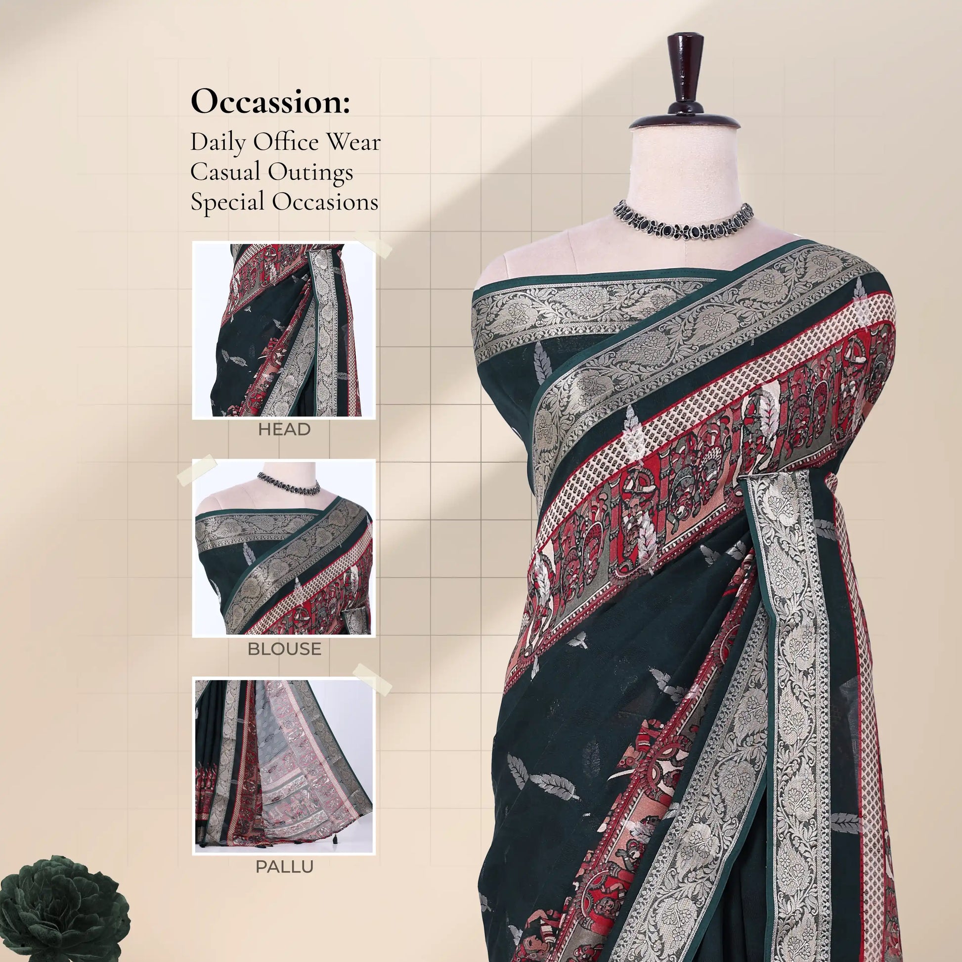 Green Dola silk saree with floral woven border and decorative pallu front view on mannequin with blouse display.