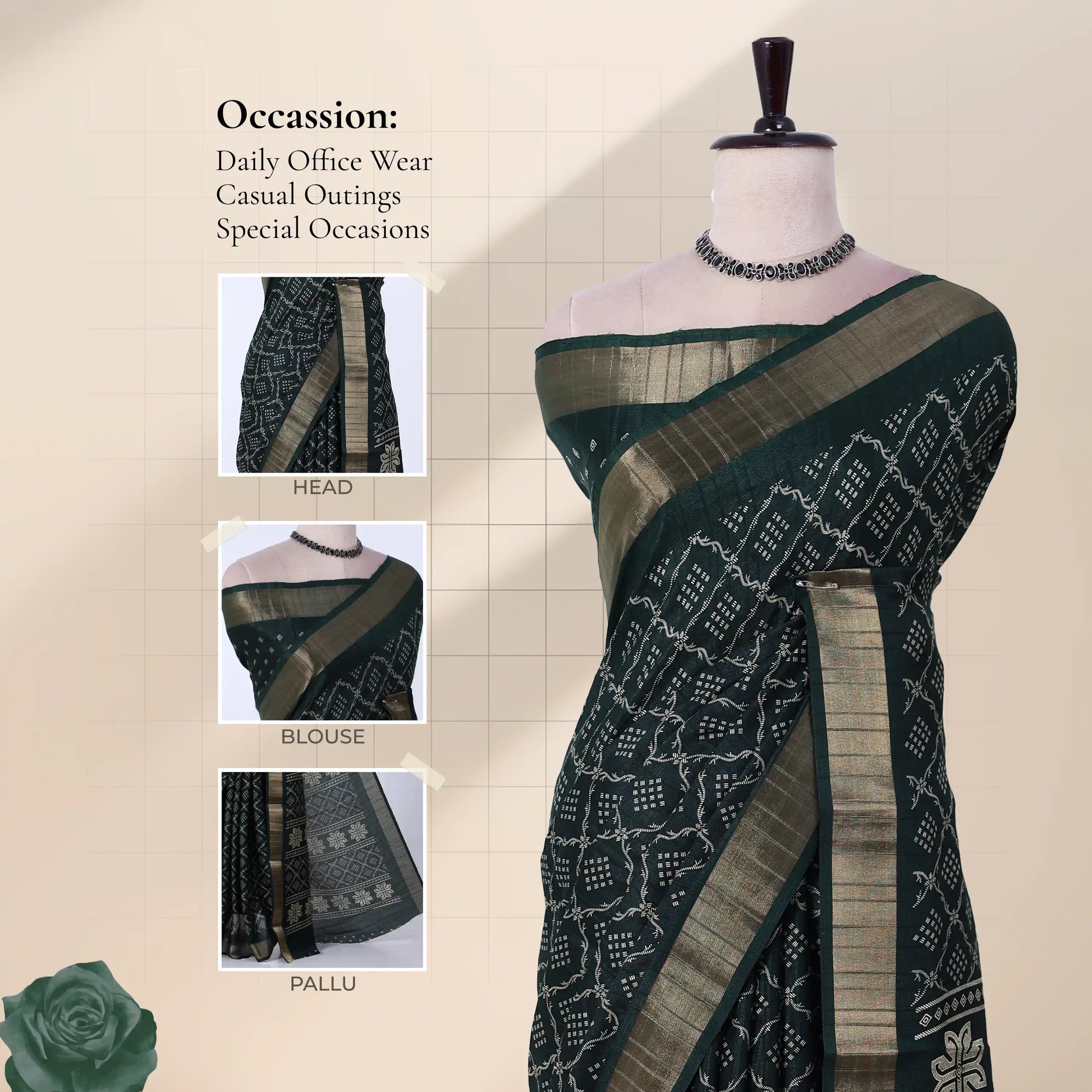 Dark Green Dola silk saree with geometric lattice print and zari woven border front view on mannequin with pallu.