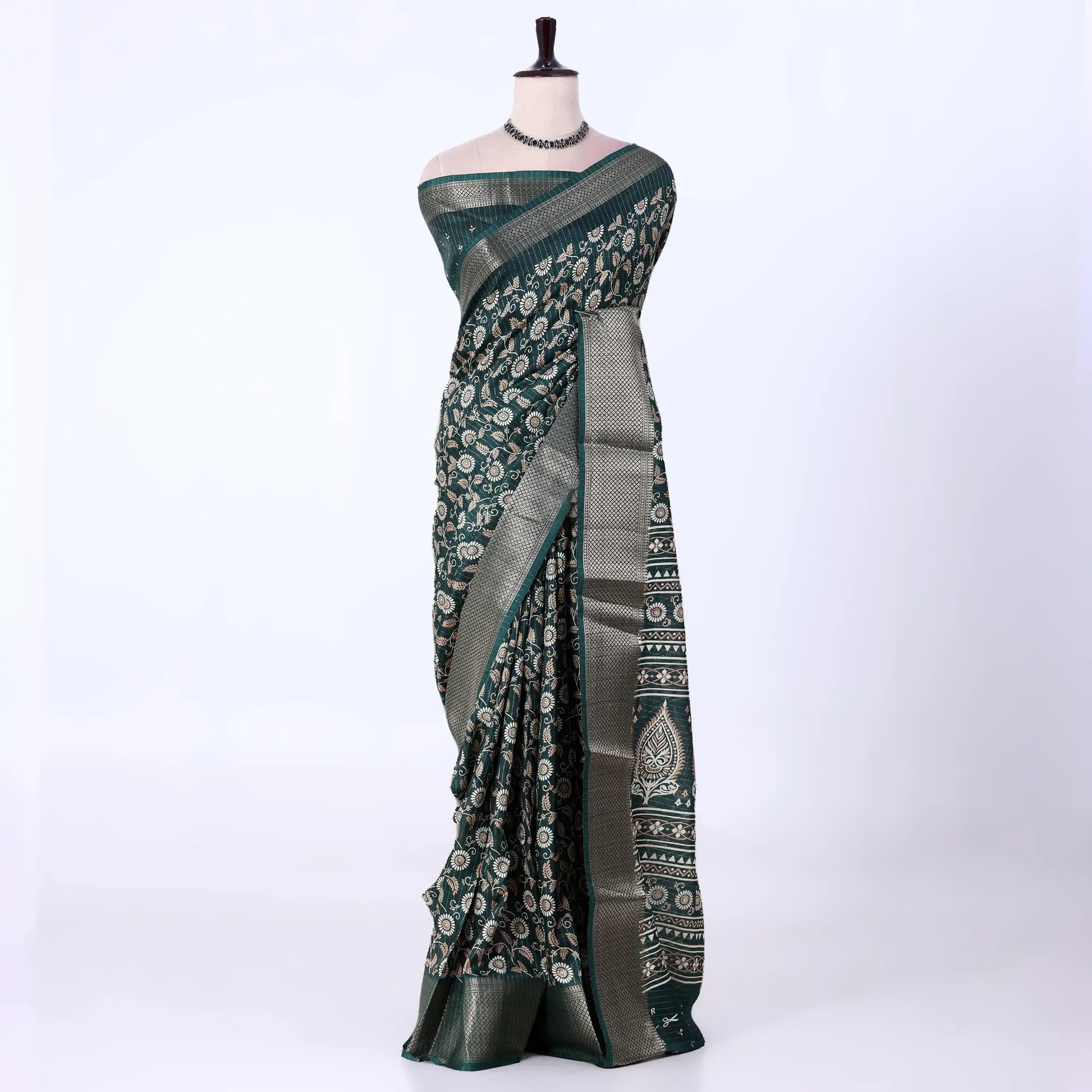 Dark Green Dola Silk Sarees for Women | Office Wear Casual Outings & Special Occasions | Jeyachandran - Full View