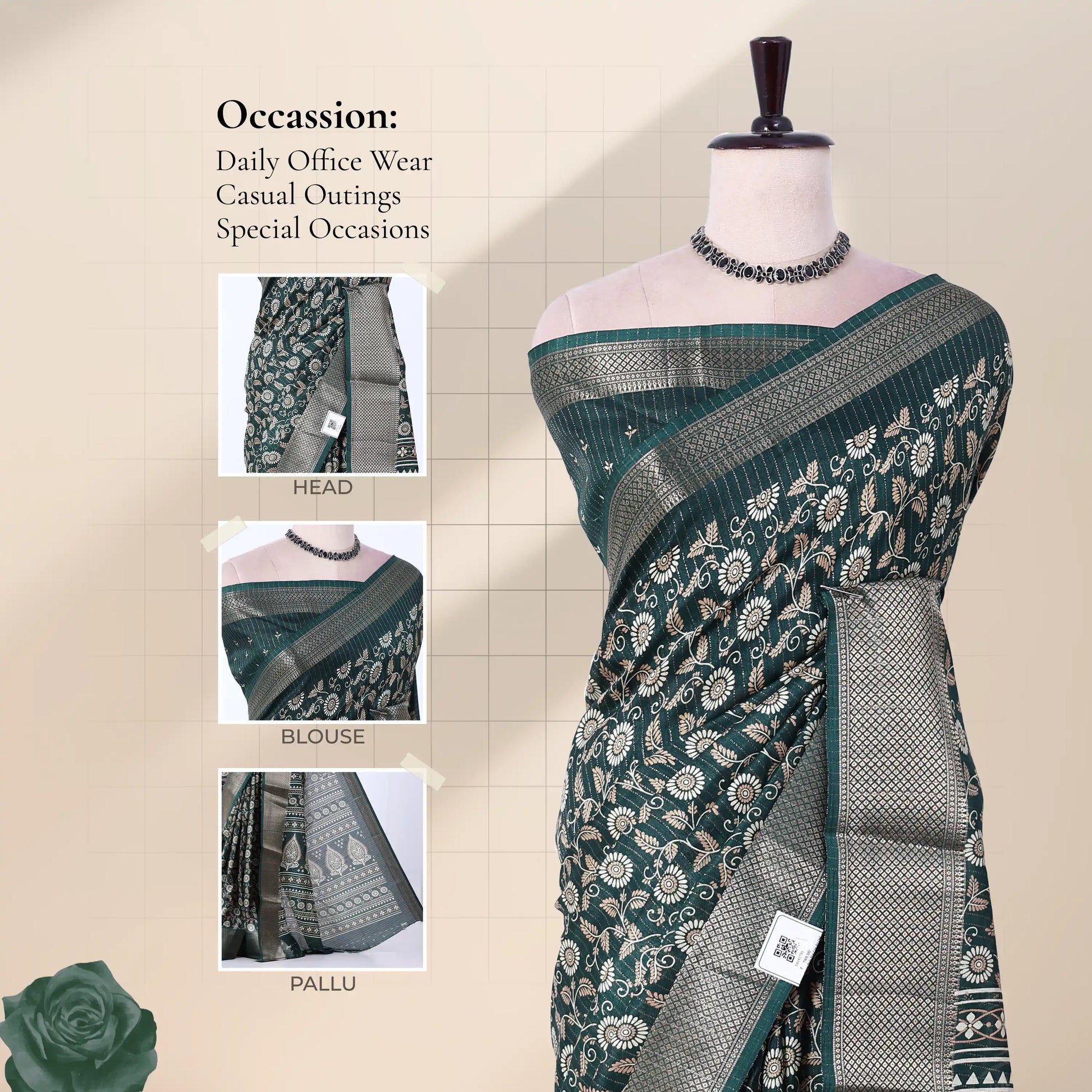 Front view of green Dola saree with floral print zari woven border and decorative pallu displayed on mannequin.