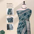 Front view of green Dola saree with checked floral print zari woven border and decorative pallu on mannequin.
