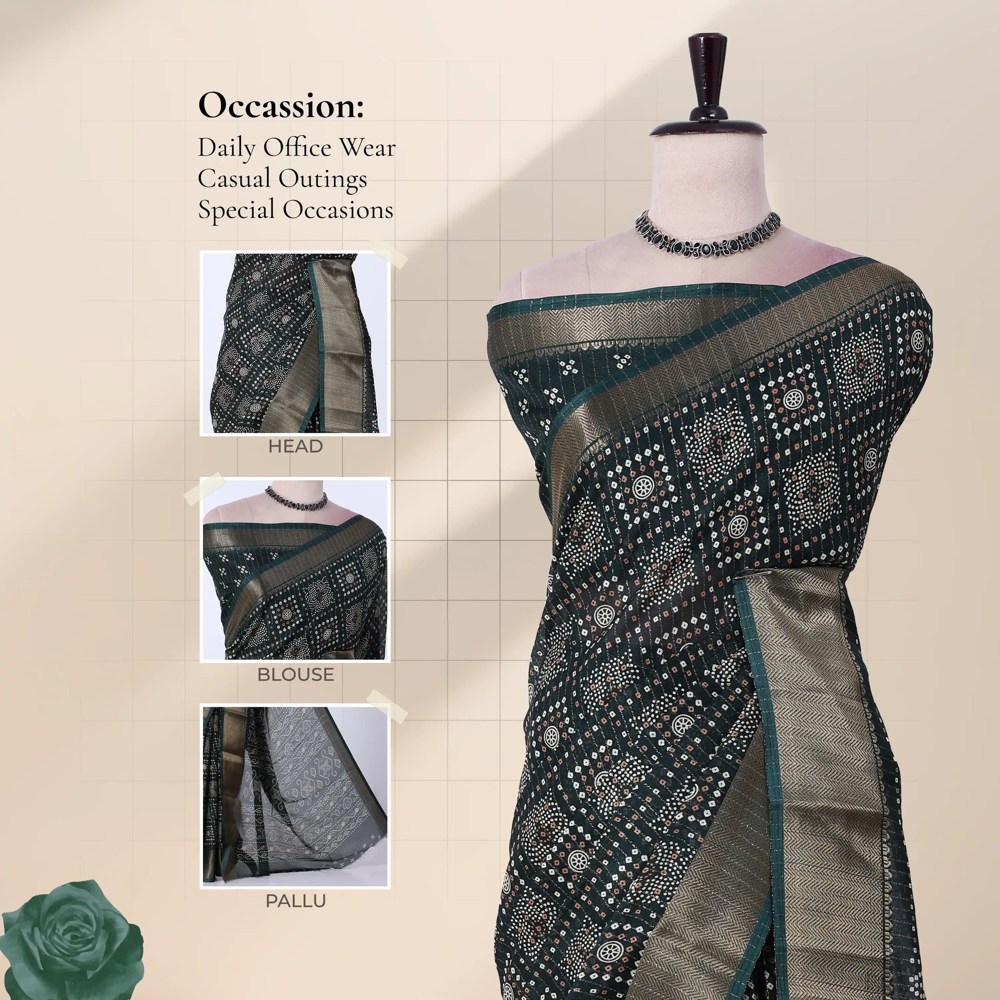 Front view of green Dola saree with Bandhani inspired print zari woven border and decorative pallu on mannequin.