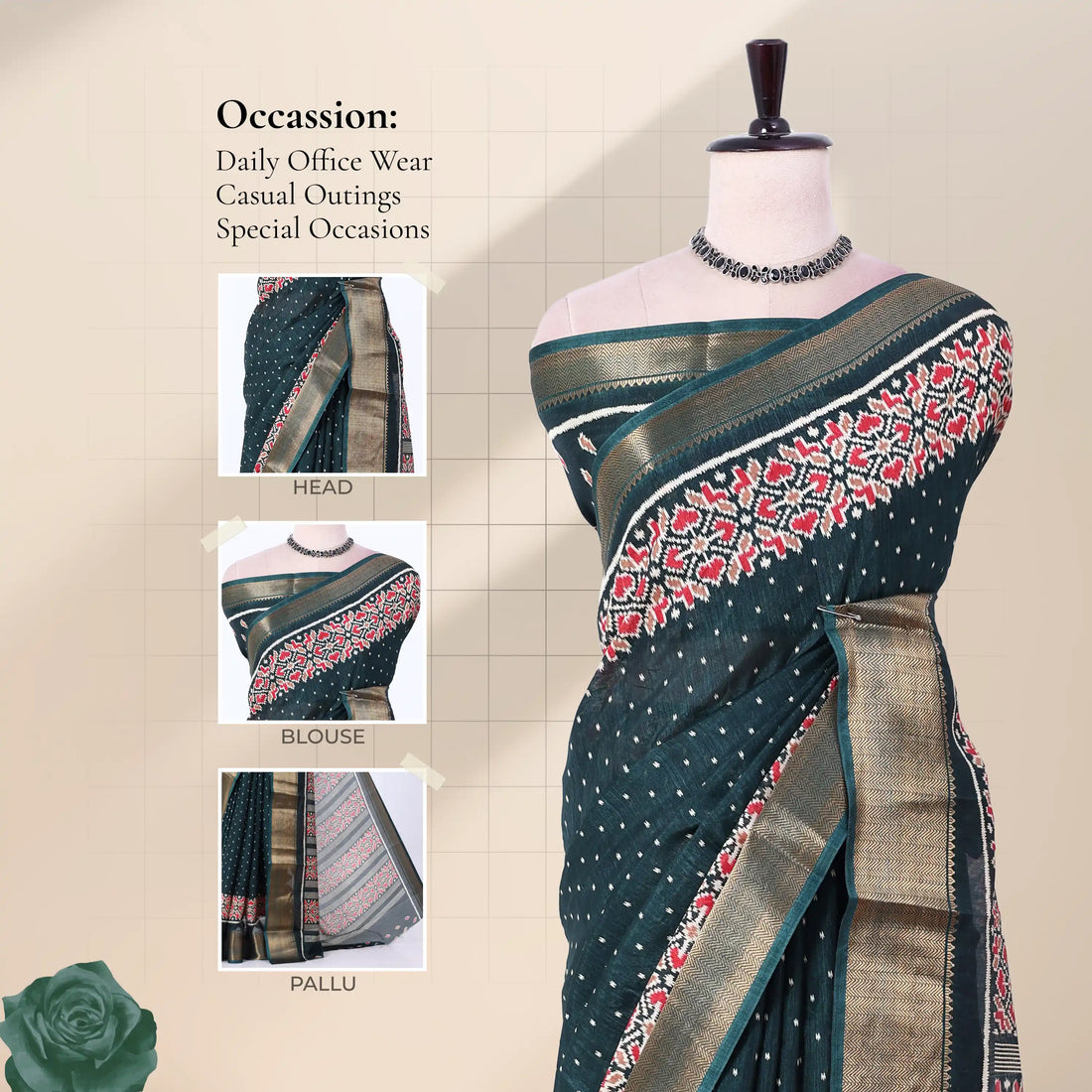 Dark Green Dola Silk Sarees for Women | Office Wear Casual Outings & Special Occasions | Jeyachandran - Full View