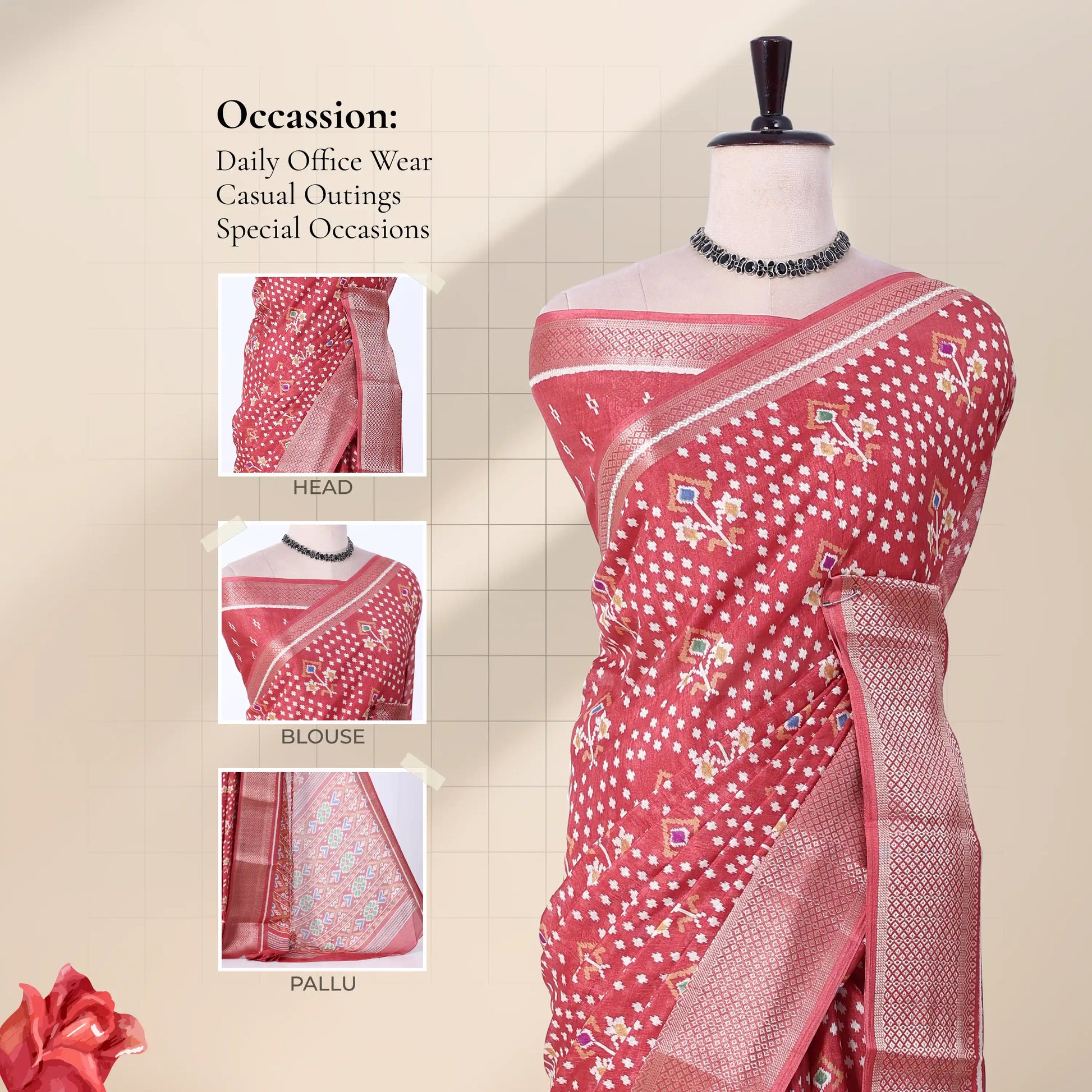 Pink Dola silk saree with dotted floral motif print and zari woven border front view on mannequin with pallu.