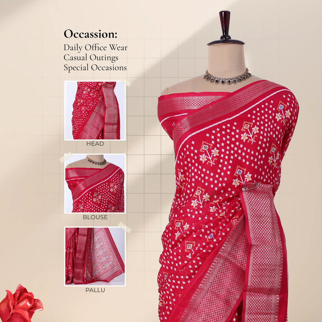 Red Dola Silk Sarees for Women | Office Wear Casual Outings & Special Occasions | Jeyachandran - Full View