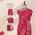 Red Dola silk saree with dotted floral motif print and zari woven border front view on mannequin with pallu.