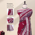 Purple Dola silk saree with floral woven border and decorative pallu front view on mannequin with blouse display.