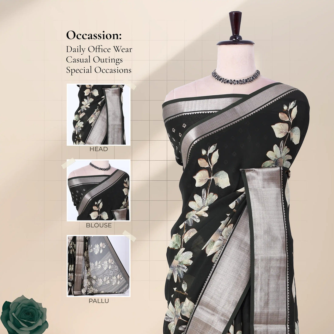 Green Dola Silk Sarees for Women | Office Wear Casual Outings & Special Occasions | Jeyachandran - Full View