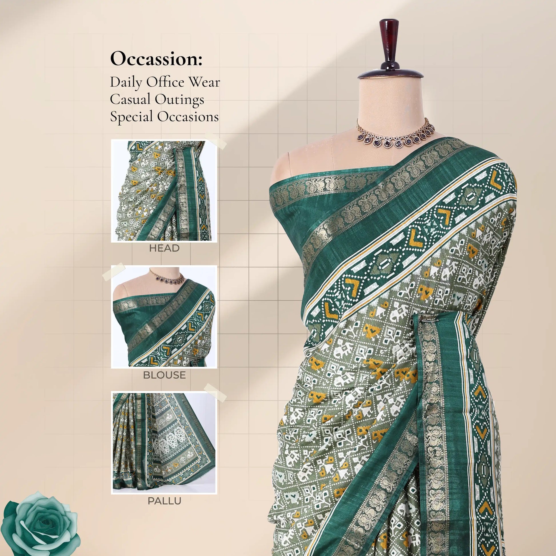 Green Dola silk saree with geometric ethnic print and floral woven border front view on mannequin with pallu.