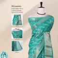 Front view of green Dola saree with floral print woven contrast border and pallu styled on mannequin for display.