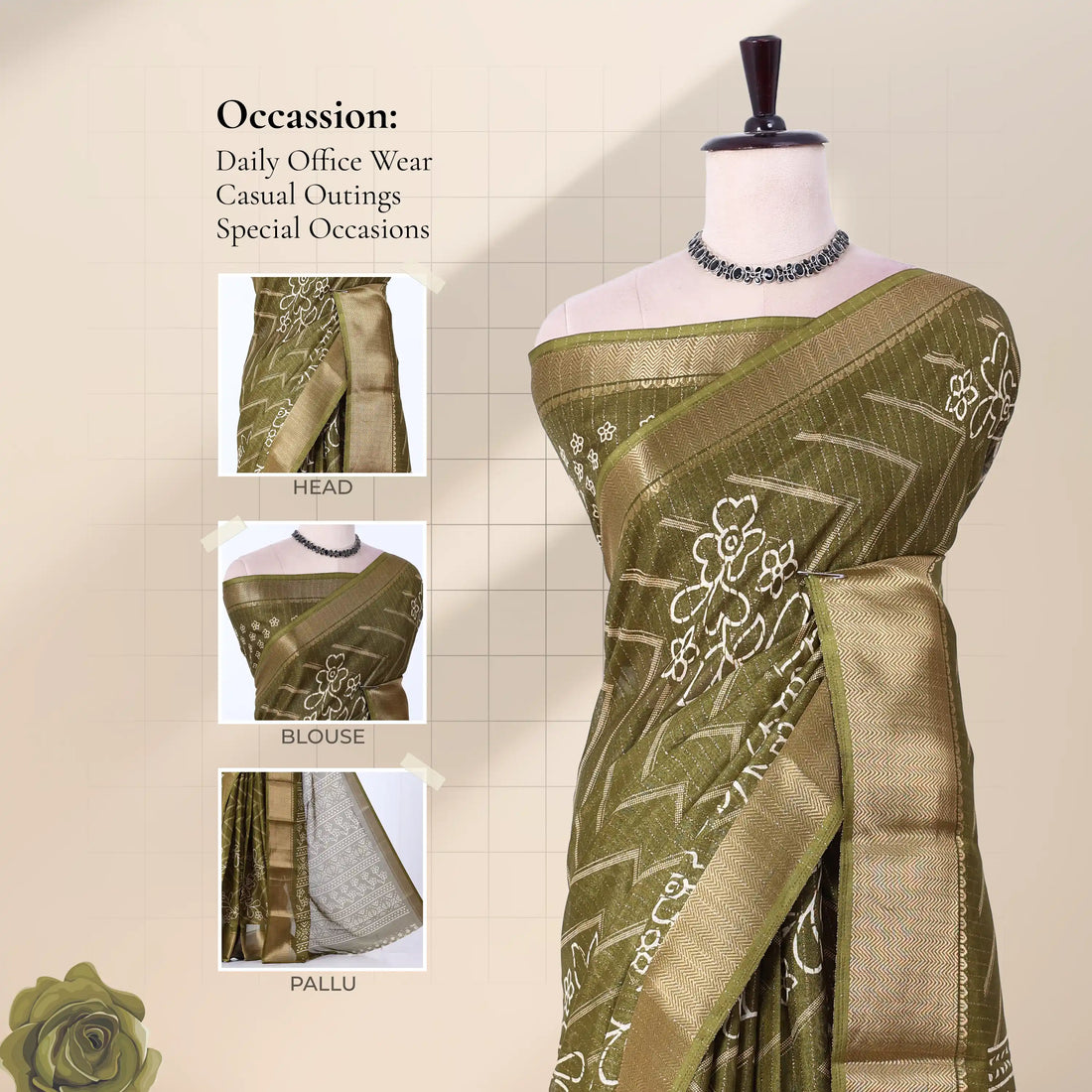 Olive Green Dola Silk Sarees for Women | Office Wear Casual Outings & Special Occasions | Jeyachandran - Full View