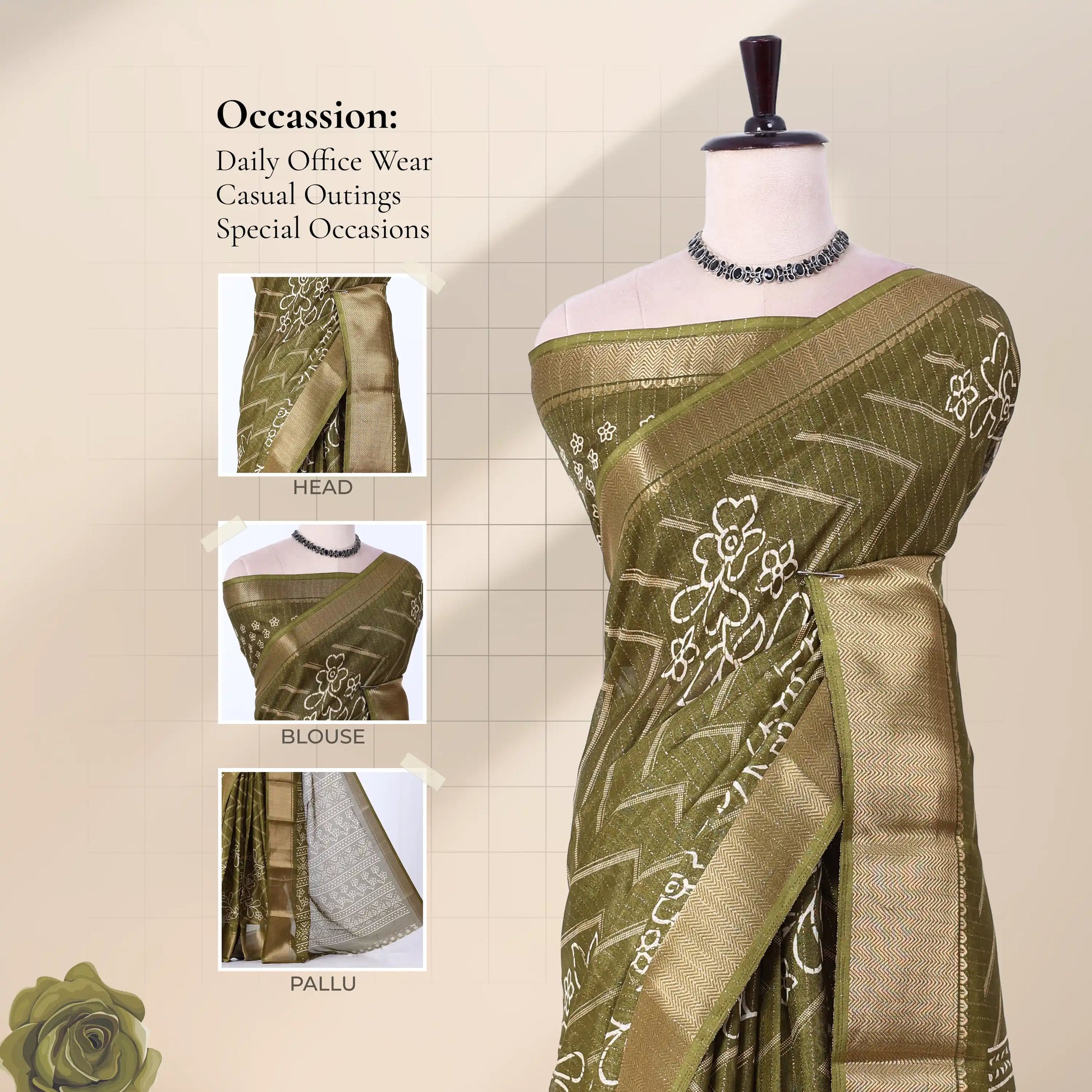 Front view of olive Dola saree with floral print woven contrast border and pallu styled on mannequin for display.