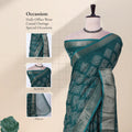 Front view of green Dola saree with geometric Bandhani print, zari woven border and decorative pallu on mannequin.