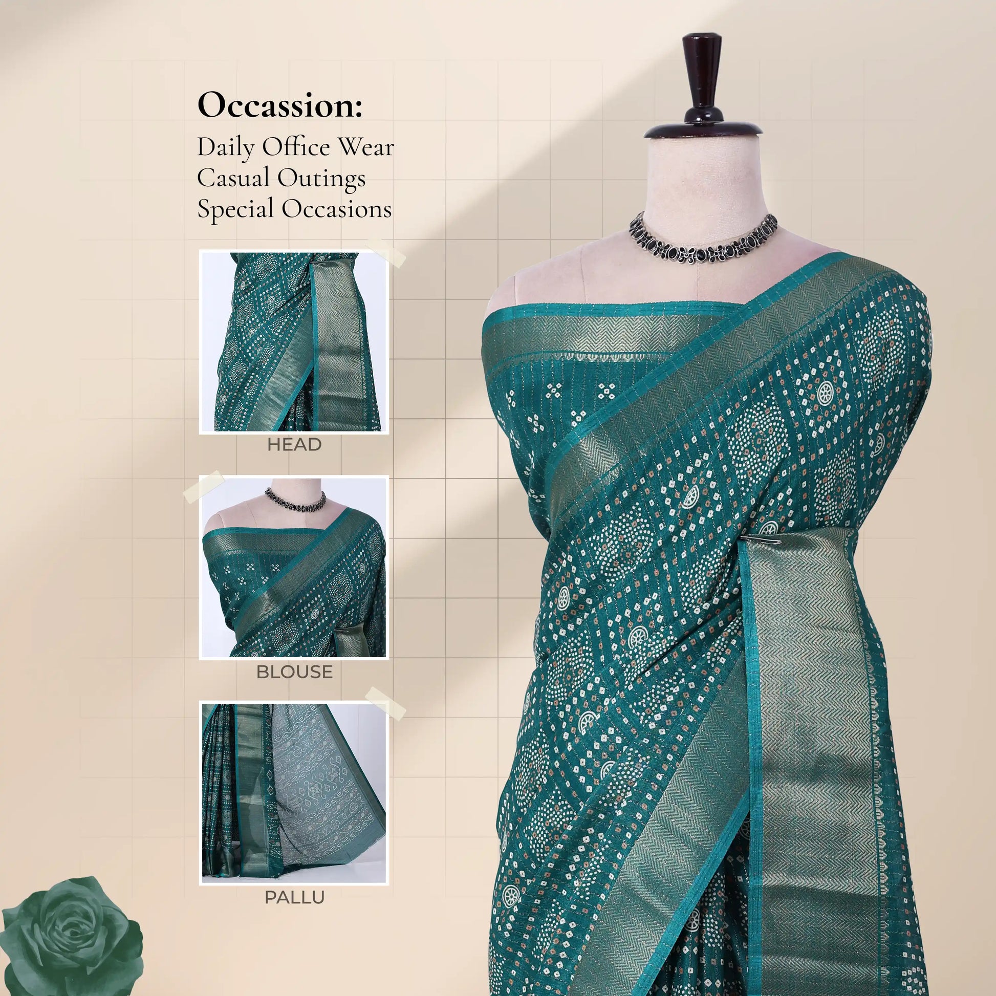Front view of teal Dola saree with Bandhani inspired print zari woven border and decorative pallu on mannequin.