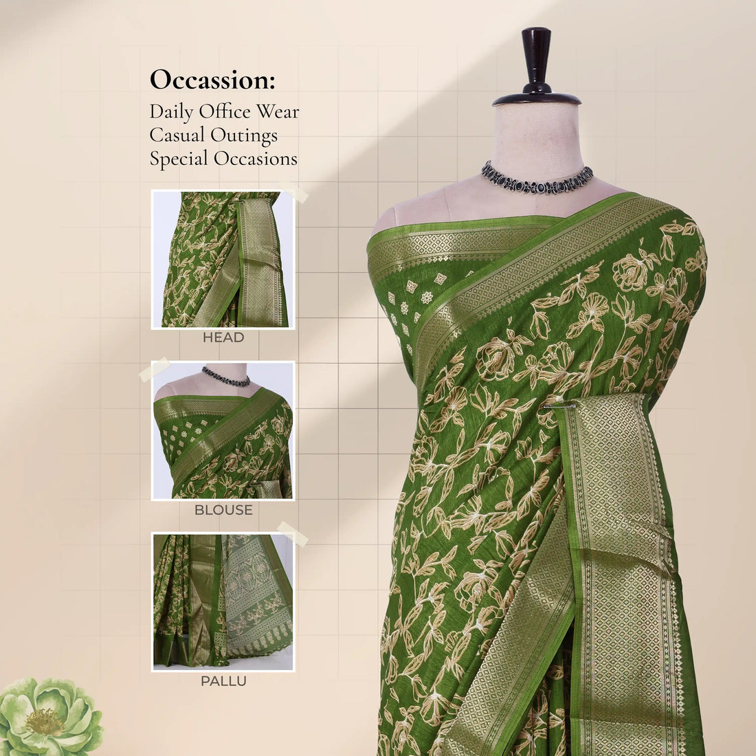 Green Dola Silk Sarees for Women | Office Wear Casual Outings & Special Occasions | Jeyachandran - Full View