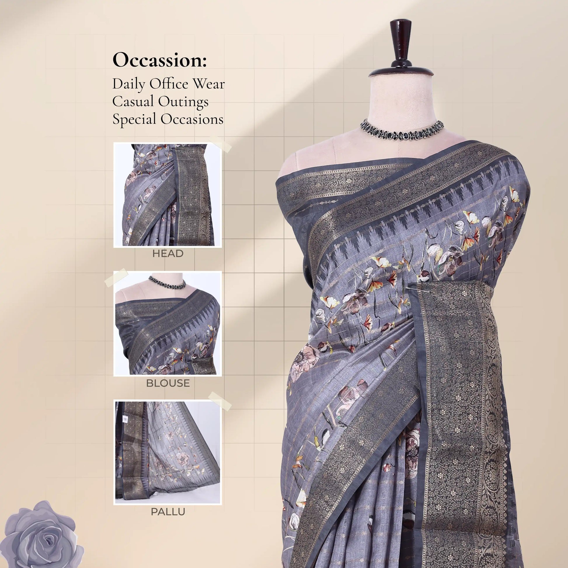 Dola silk saree with floral print and woven border in grey front view on mannequin display.