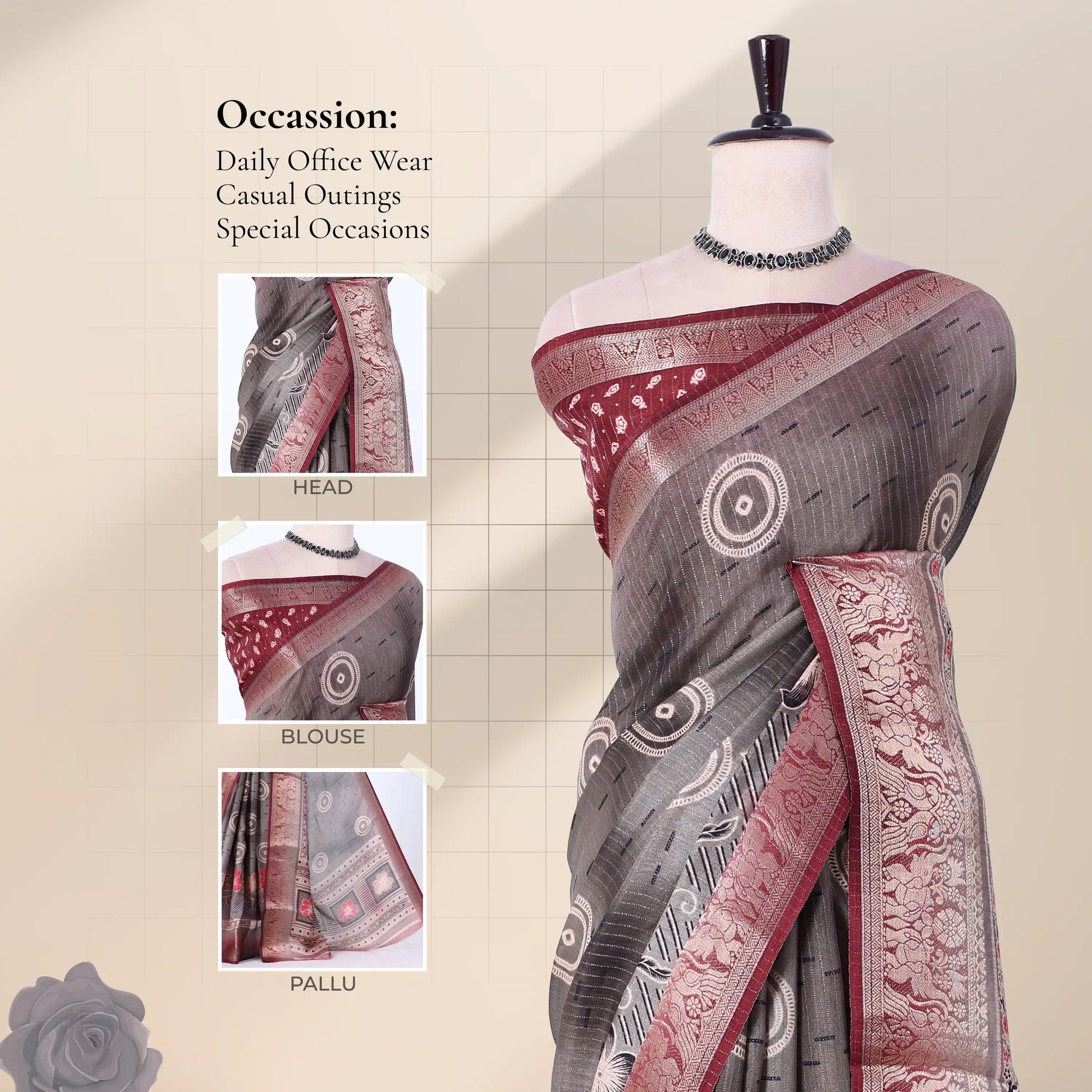 Grey Dola silk saree with circular motifs and maroon woven border front view on mannequin with ornate pallu.