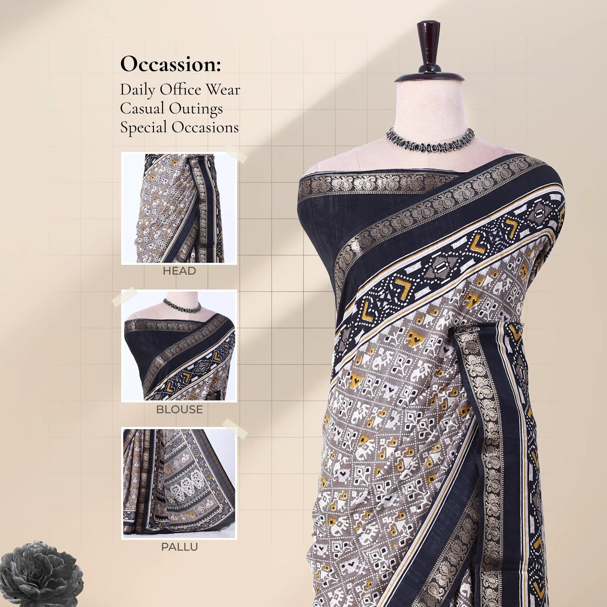 Grey Dola silk saree with geometric ethnic print and floral woven border front view on mannequin with pallu.