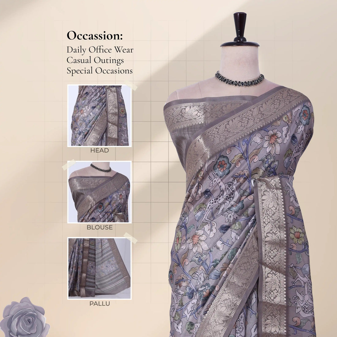 Grey Dola Silk Sarees for Women | Office Wear Casual Outings & Special Occasions | Jeyachandran - Full View