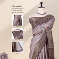 Dola silk saree with floral print and woven border in light grey front view on mannequin display.