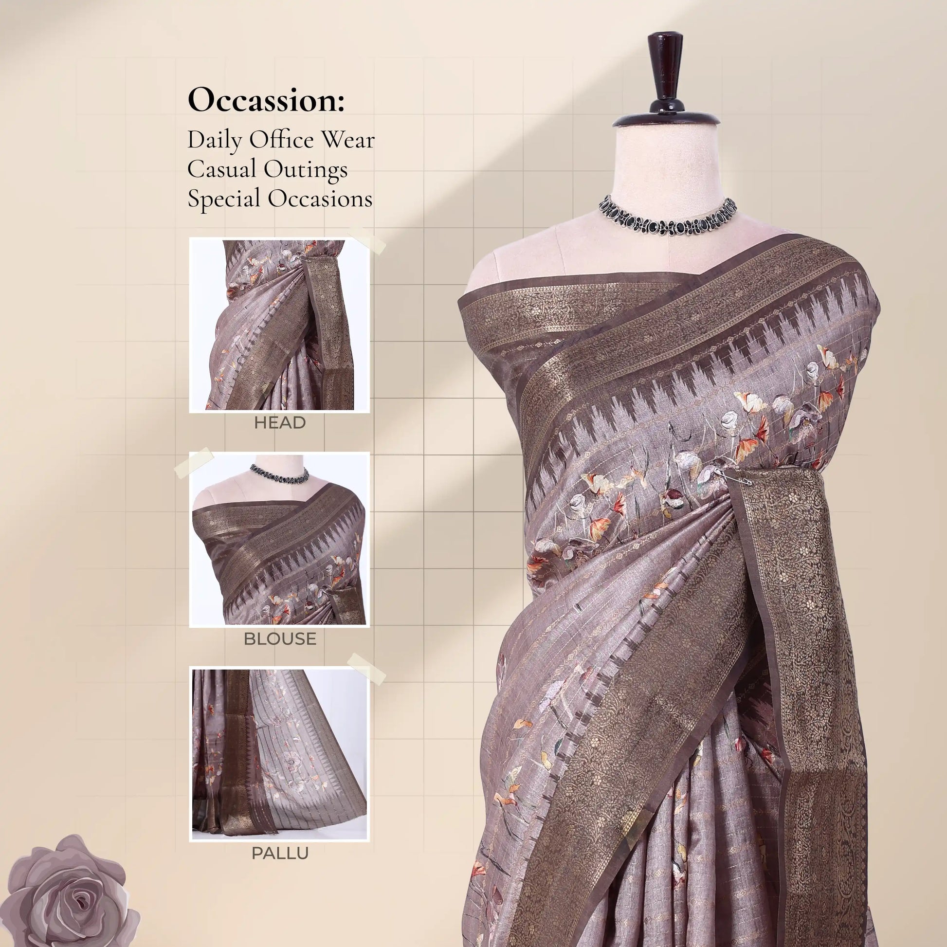 Dola silk saree with floral print and woven border in light grey front view on mannequin display.