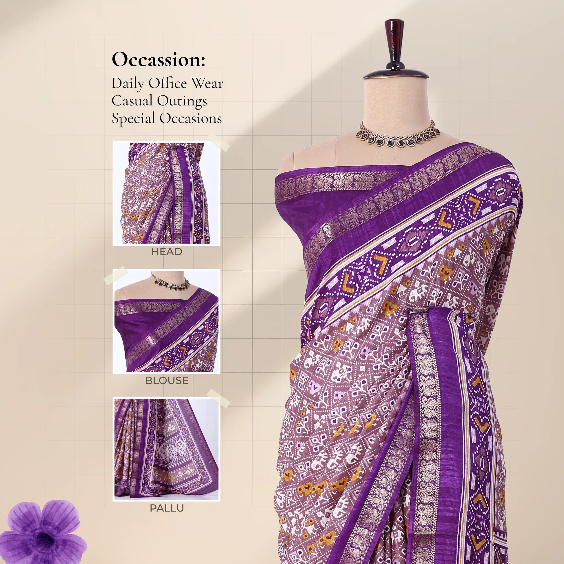 Purple Dola silk saree with geometric ethnic print and floral woven border front view on mannequin with pallu.