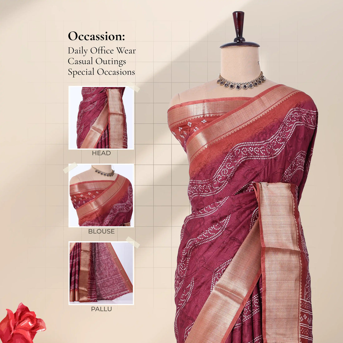 Maroon Dola Silk Sarees for Women | Office Wear Casual Outings & Special Occasions | Jeyachandran - Full View