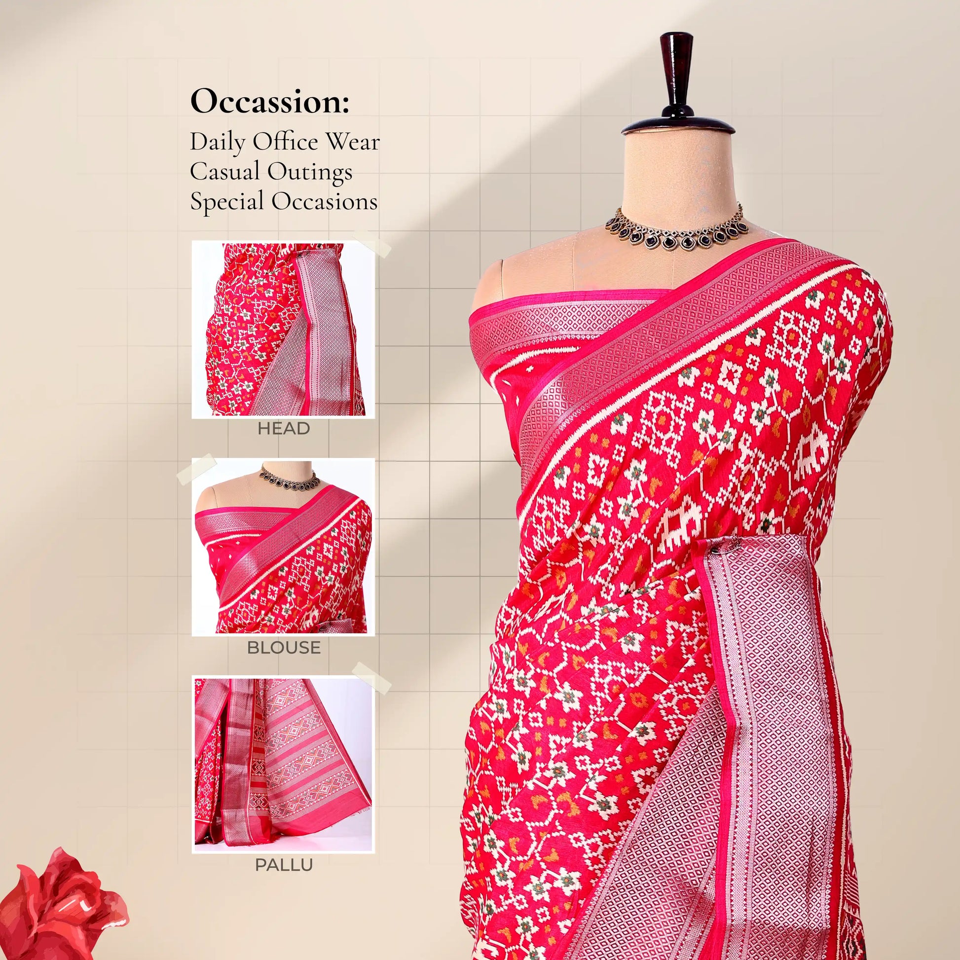 Pink Dola silk saree with floral motif print and contrast woven border front view on mannequin with pallu.