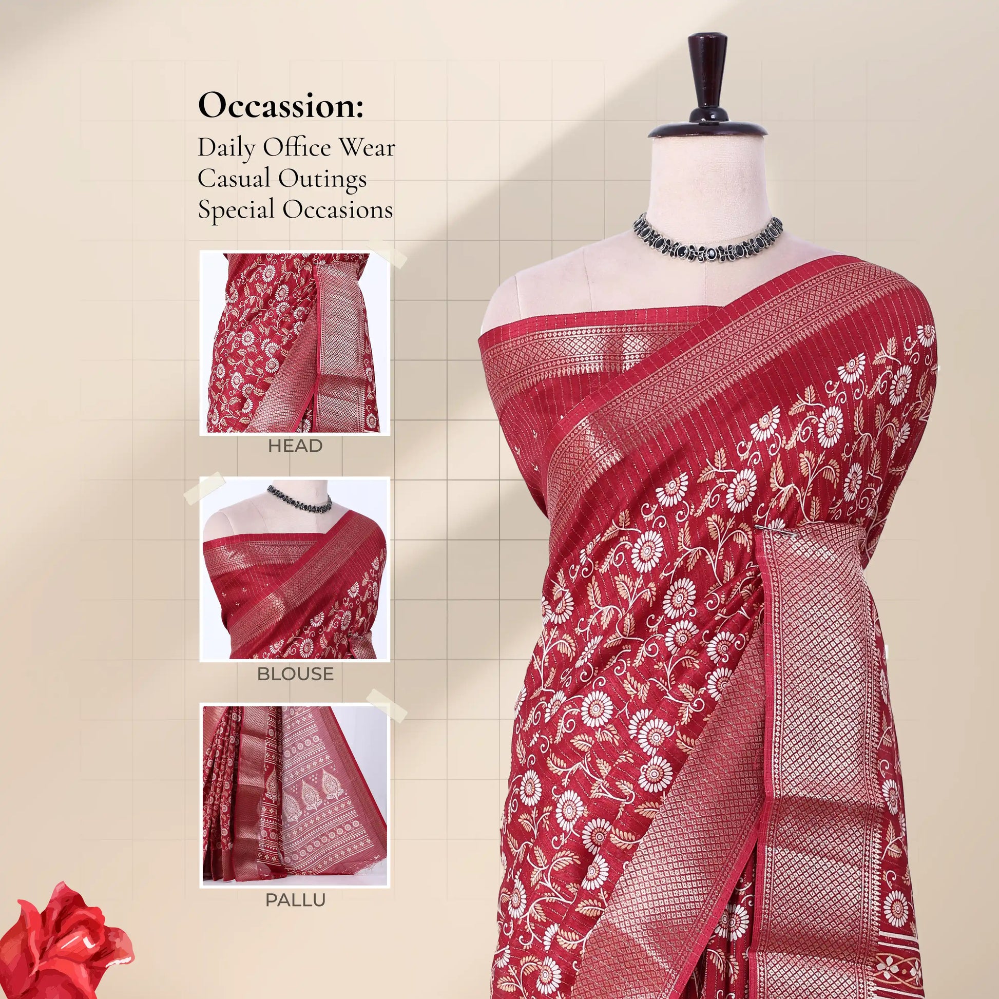 Front view of maroon Dola saree with floral print zari woven border and decorative pallu displayed on mannequin.