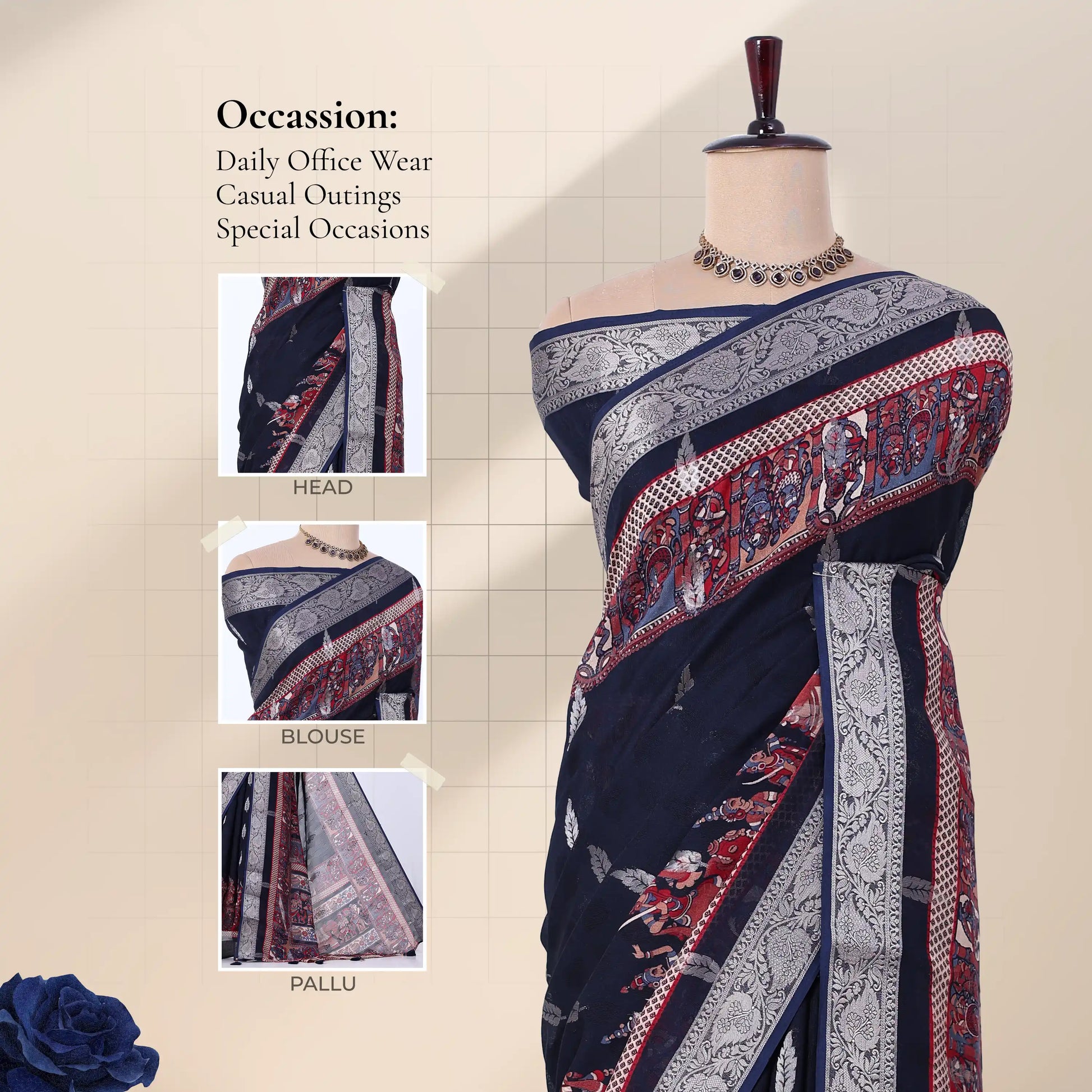 Navy Dola silk saree with floral woven border and decorative pallu front view on mannequin with blouse display.
