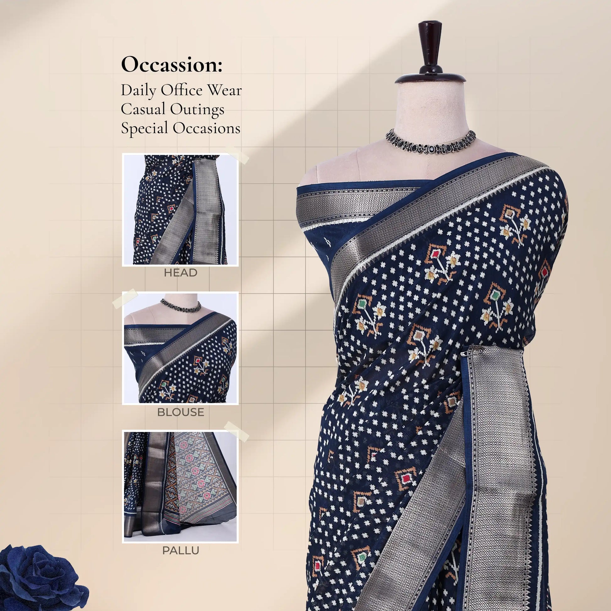 Navy Blue Dola silk saree with dotted floral motif print and zari woven border front view on mannequin with pallu.