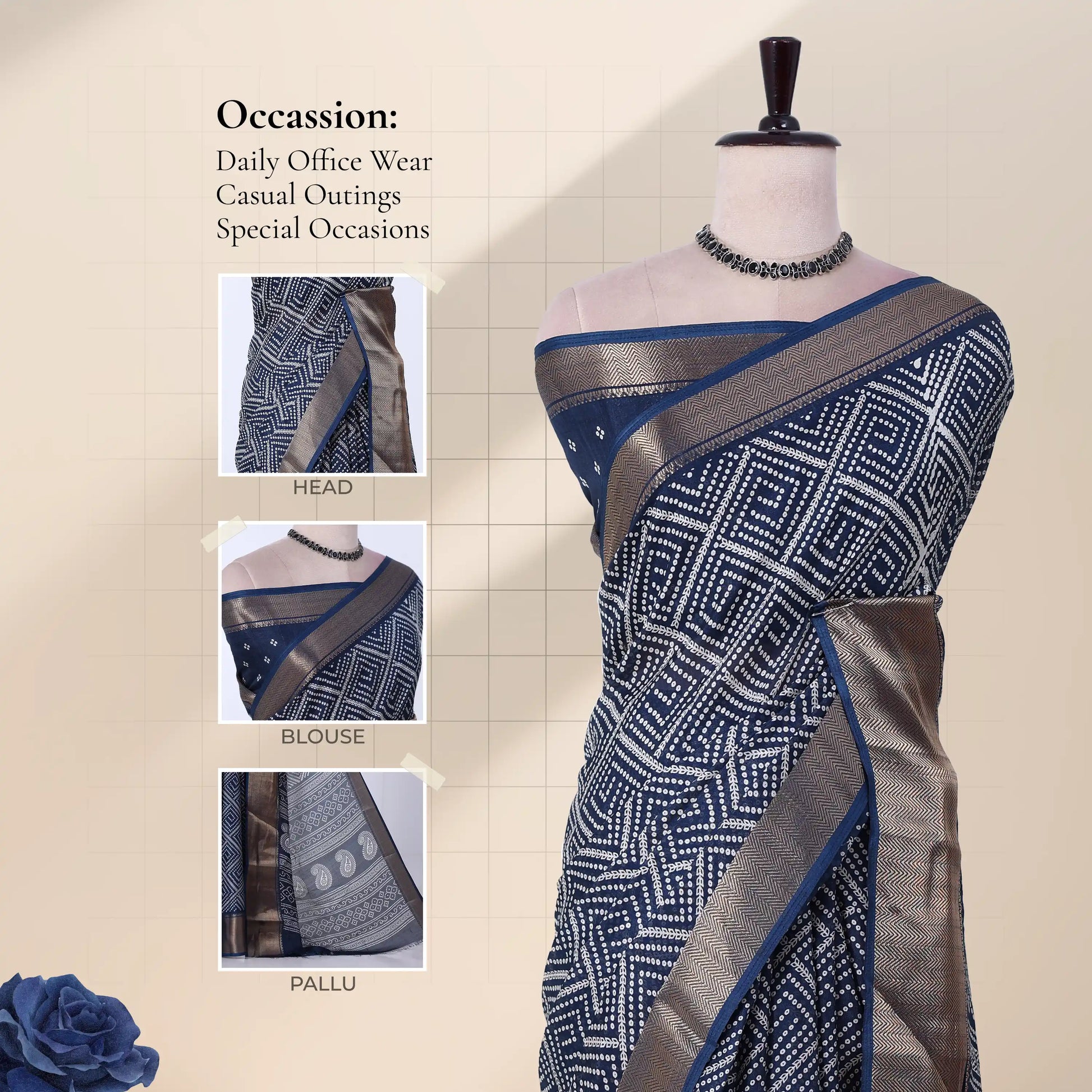 Front view of navy Dola saree with Bandhani inspired print zari woven border and decorative pallu on mannequin.