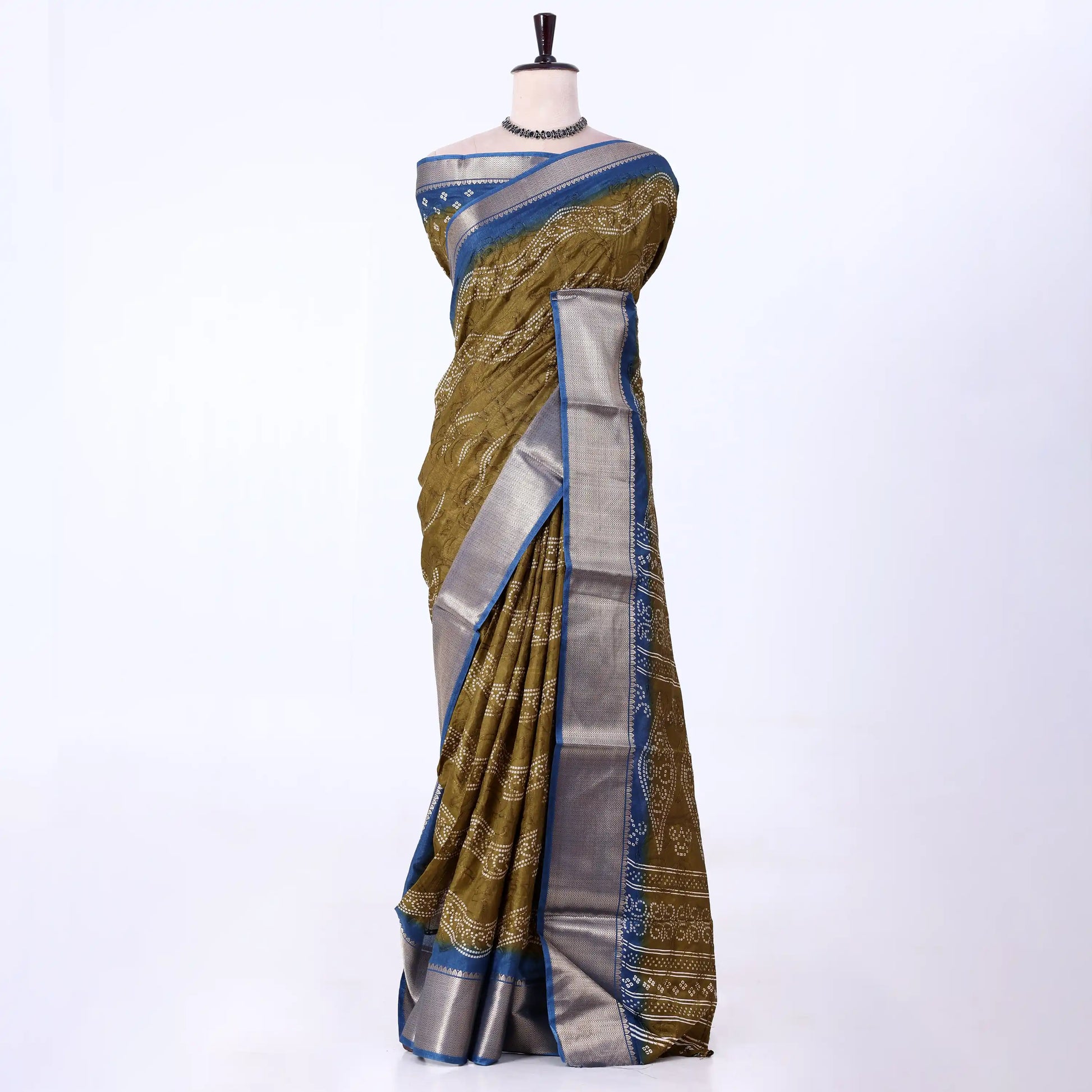 Olive Green Dola Silk Sarees for Women | Office Wear Casual Outings & Special Occasions | Jeyachandran - Full View