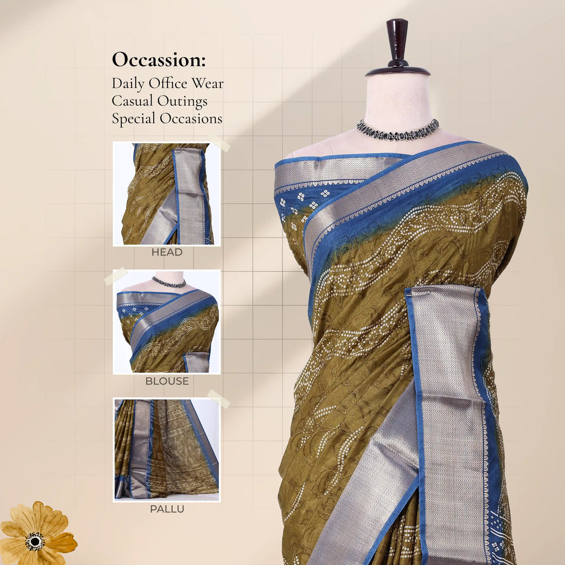 Olive Green Dola Silk Sarees for Women | Office Wear Casual Outings & Special Occasions | Jeyachandran - Full View