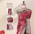 Pink Dola silk saree with circular motifs and green woven border front view on mannequin with ornate pallu.