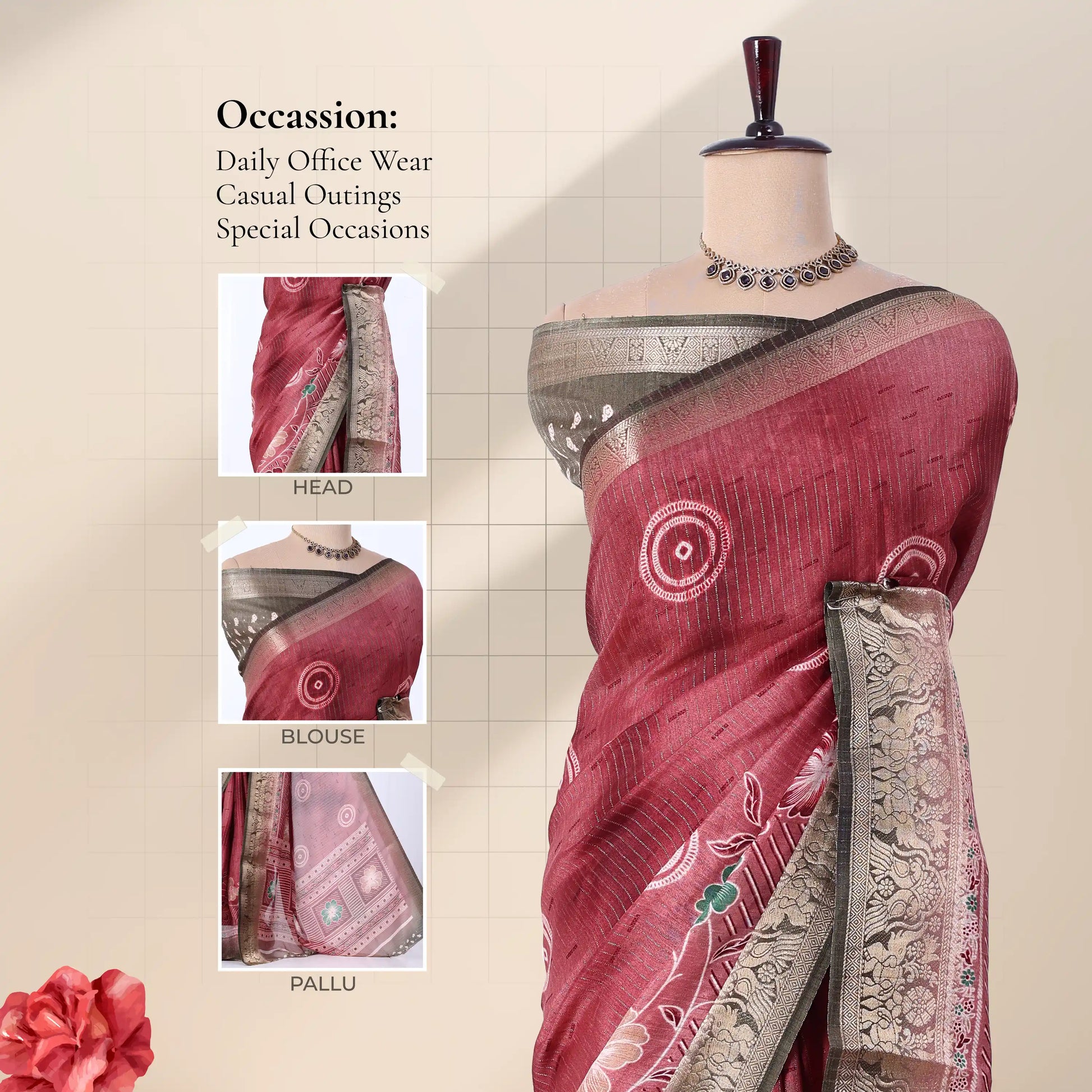Pink Dola silk saree with circular motifs and green woven border front view on mannequin with ornate pallu.