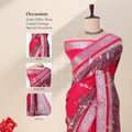Pink Dola silk saree with floral woven border and decorative pallu front view on mannequin with blouse display.