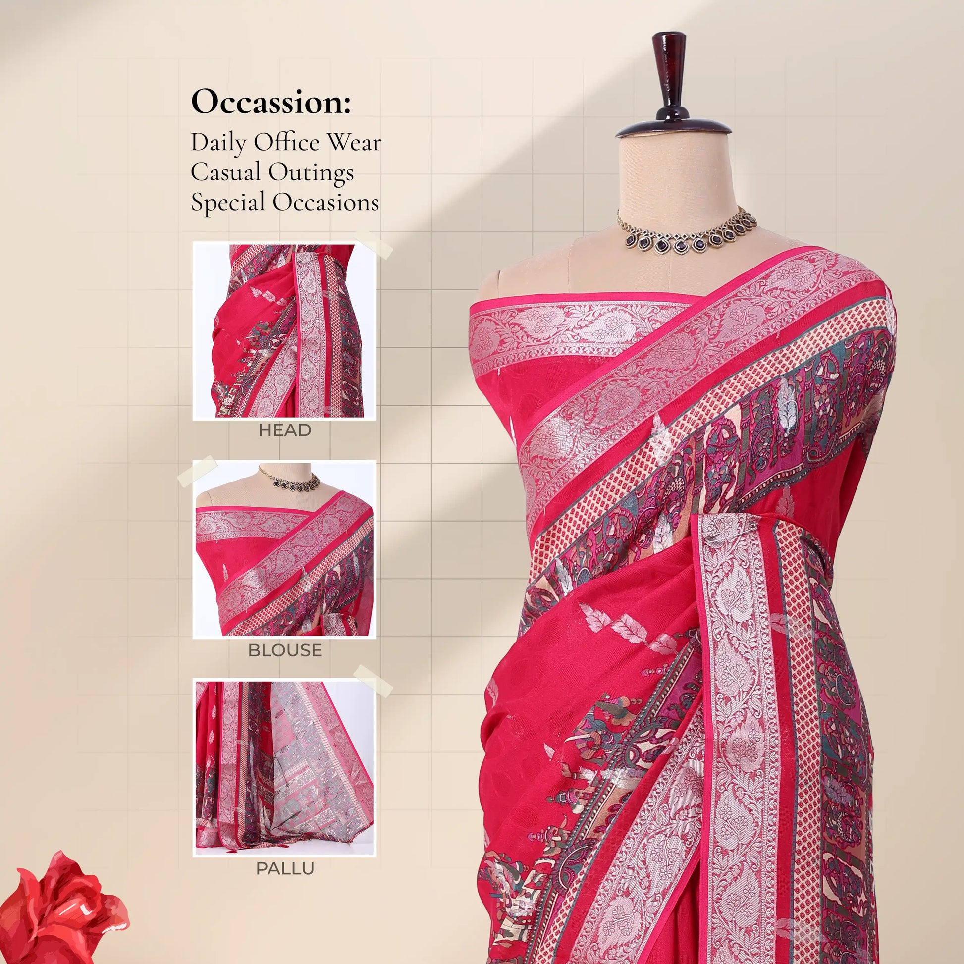 Pink Dola silk saree with floral woven border and decorative pallu front view on mannequin with blouse display.