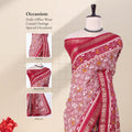 Red Dola silk saree with geometric ethnic print and floral woven border front view on mannequin with pallu.